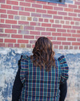 Navy quilted plaid ruffle sleeve vest for women from Favored And Common Boutique in NC