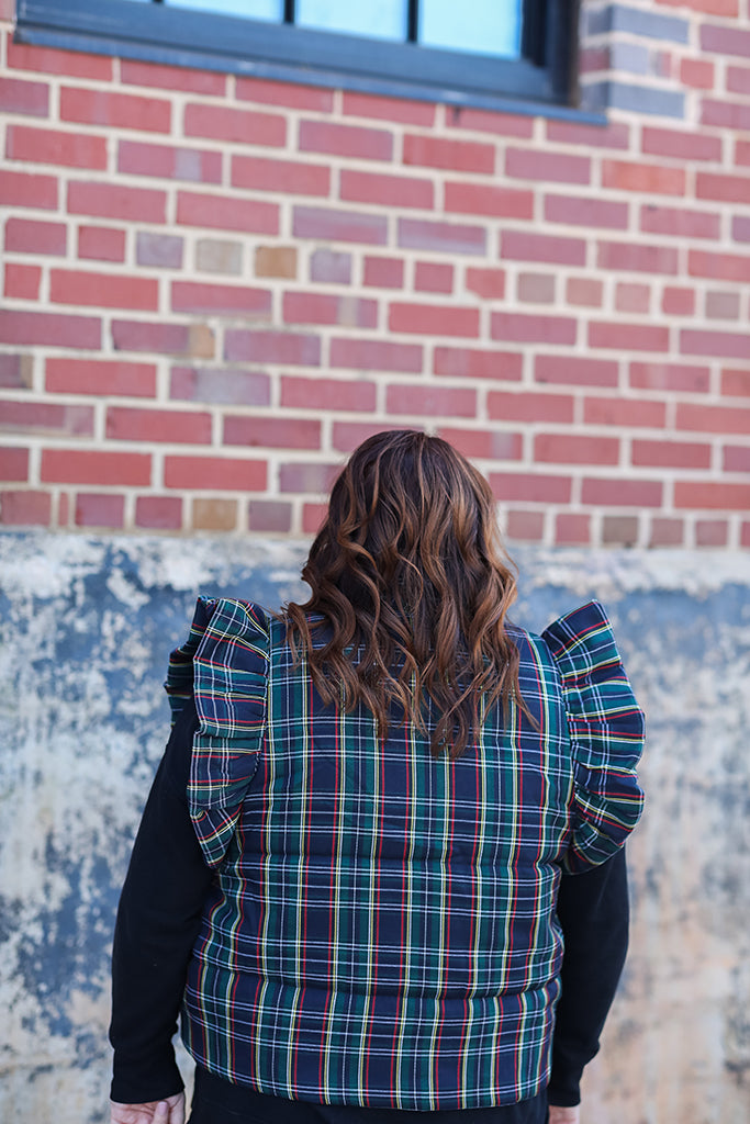 Navy quilted plaid ruffle sleeve vest for women from Favored And Common Boutique in NC