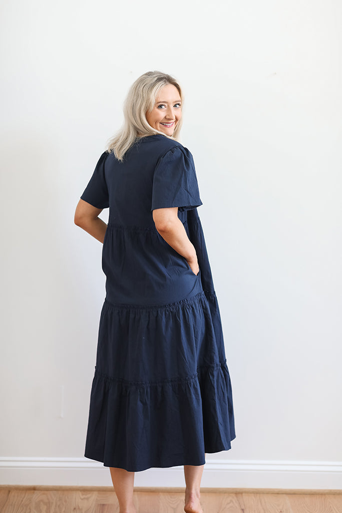 Timeless Tiered Midi Navy Dress | +Plus Size Available