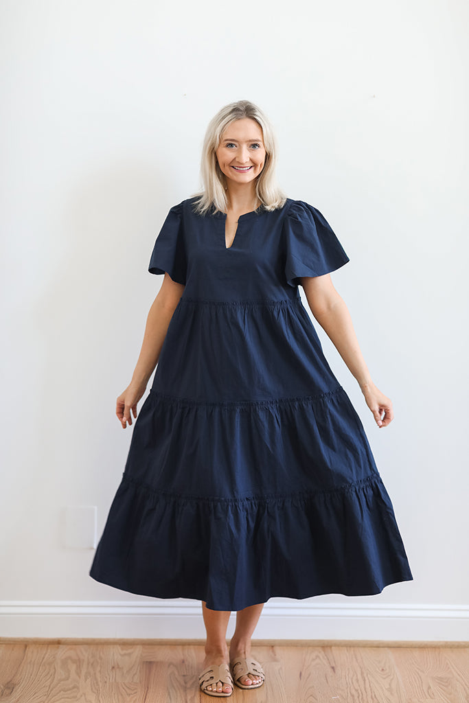 Timeless Tiered Midi Navy Dress | +Plus Size Available