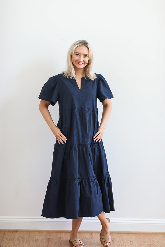 Timeless Tiered Midi Navy Dress | +Plus Size Available