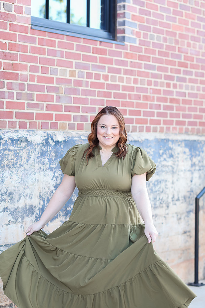 Olive green tiered dress with bubble sleeves from Favored and Common in NC