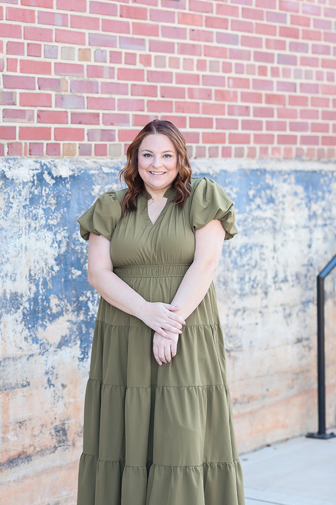 Olive green tiered maxi dress from Favored and Common