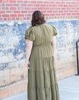 Olive green tiered maxi dress with elastic waist from Favored and Common