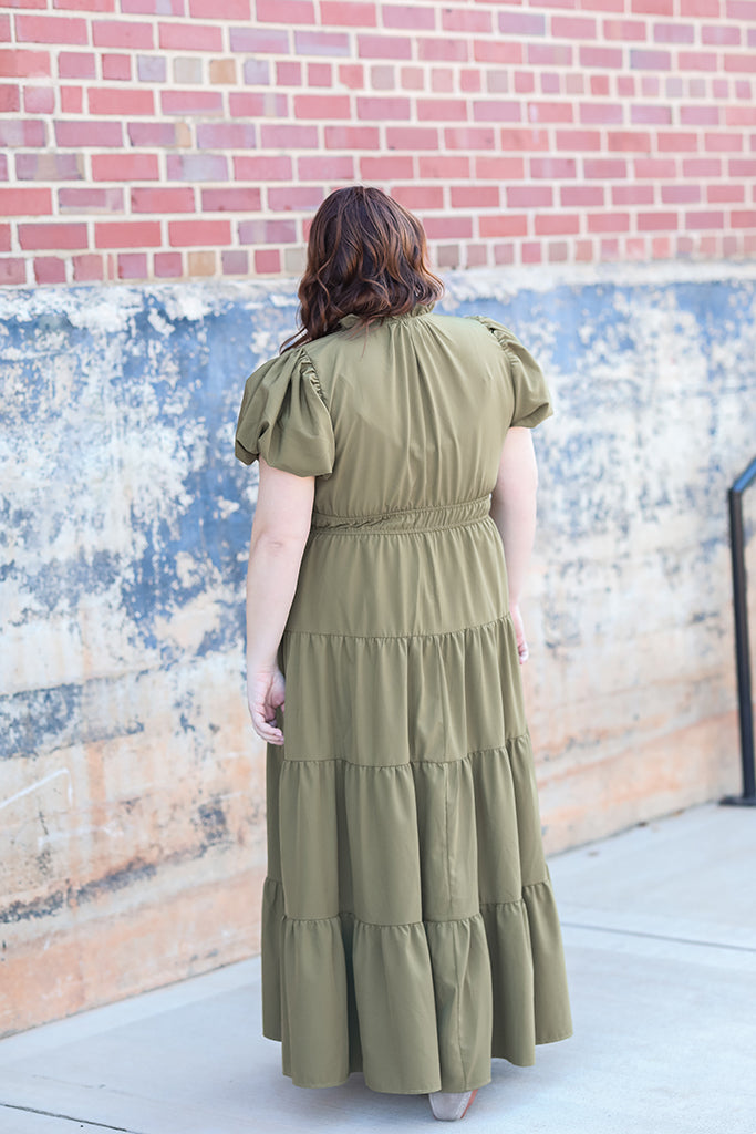 Olive green tiered maxi dress with elastic waist from Favored and Common