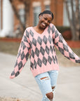 Pink and grey argyle Valentine's Day sweater from Favored and Common