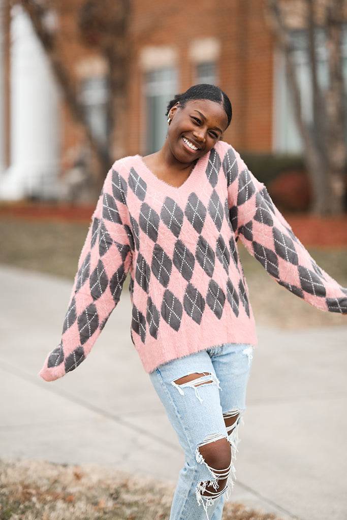 Pink and grey argyle Valentine's Day sweater from Favored and Common