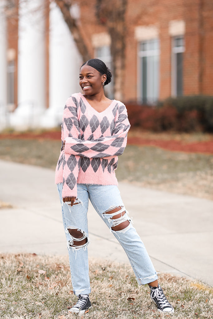 Pink and grey v-neck argyle sweater from Favored and Common