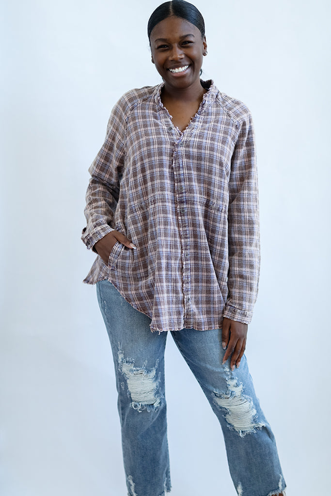 Pink and purple distressed flannel for women from Favored and Common