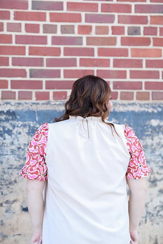 Pink and red floral sleeve blouse with ruffle neck blouse 