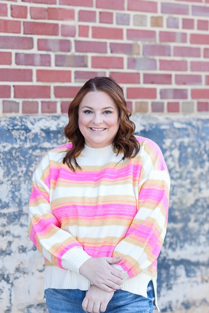 Pink and yellow striped pull over sweater for women from Favored And Common in NC