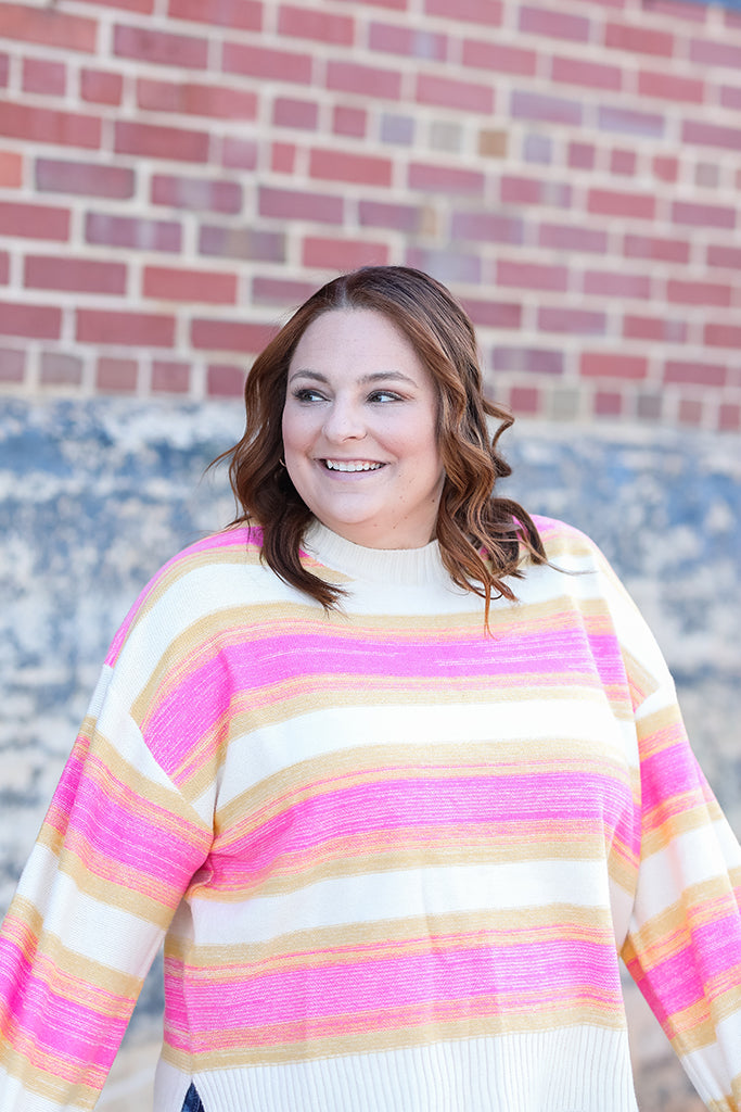 Pink and yellow striped sweater for women from Favored And Common in NC