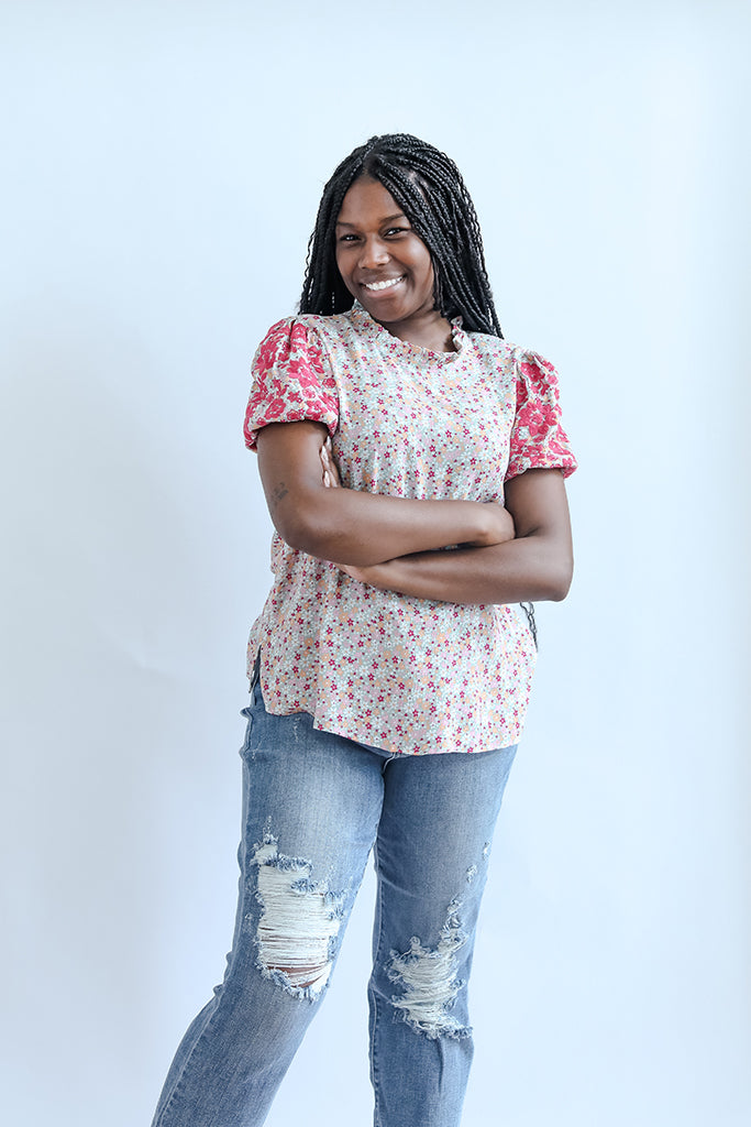 Pink embroidered sleeve floral blouse for women from Favored And Common in NC