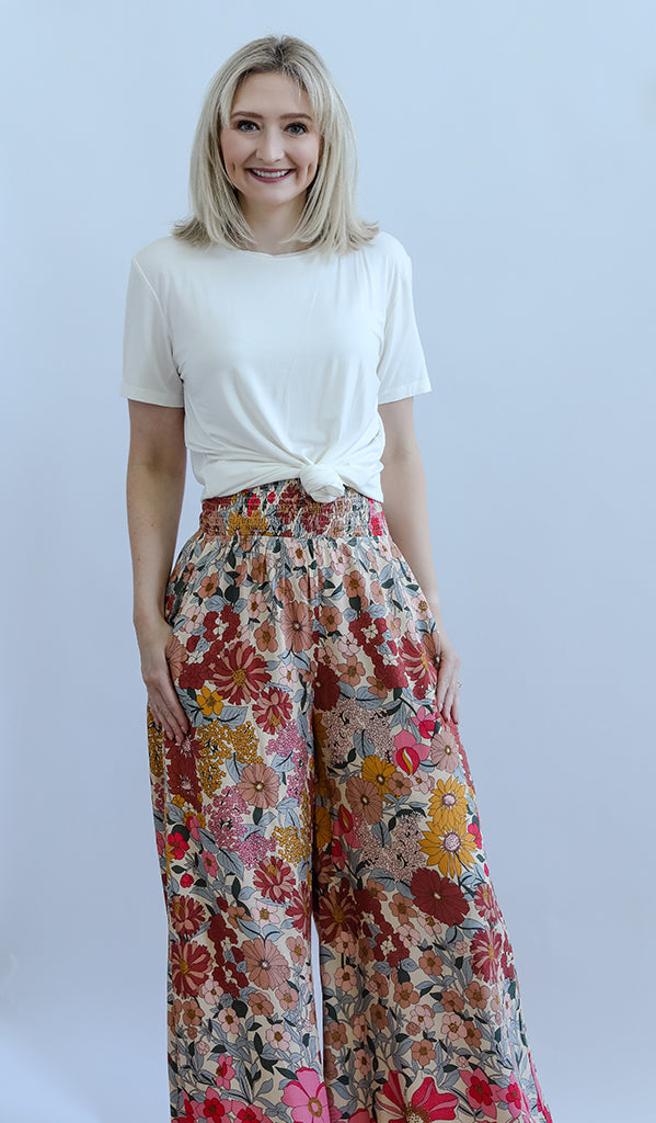 Pink floral wide leg pants for women from Favored And Common in NC