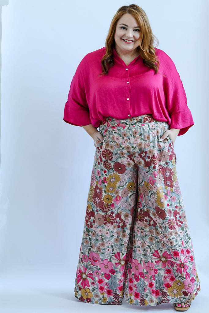 Pink floral wide leg pants with pockets for women from Favored And Common