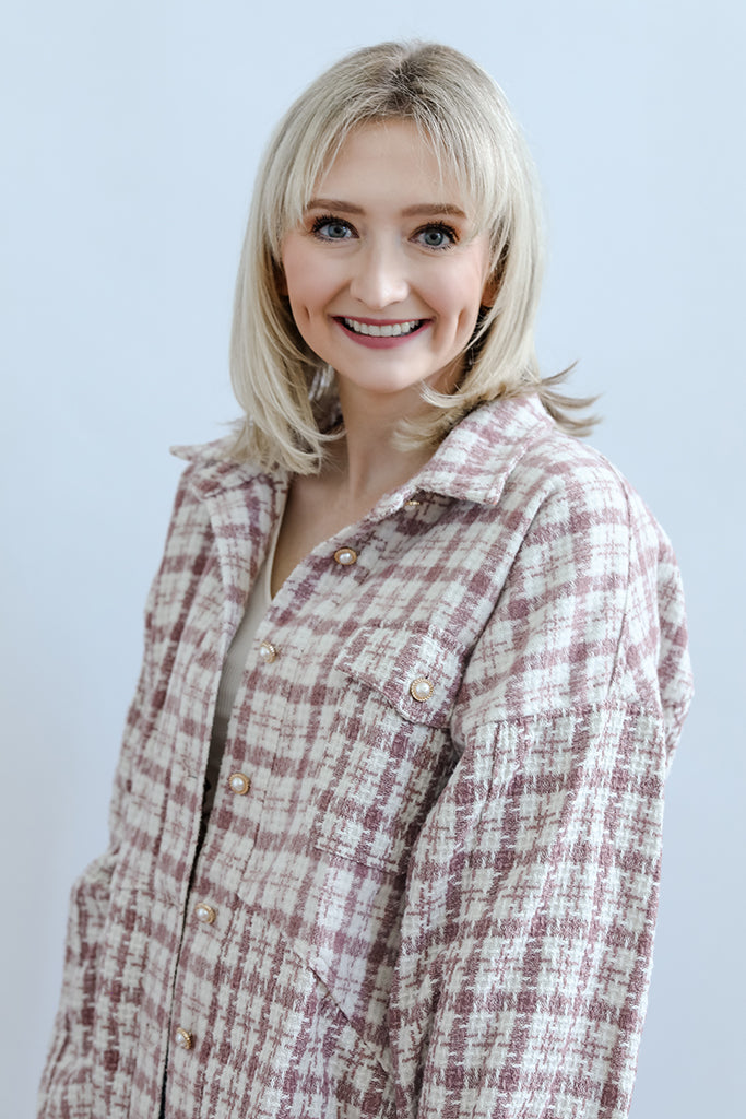 Pink tweed collared shacket with pearl buttons from Favored and Common in NC