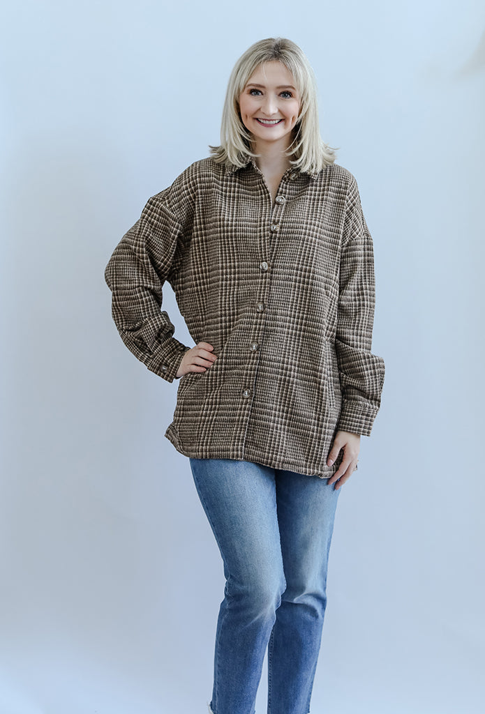 Plaid brown shacket for women from Favored And Common in NC