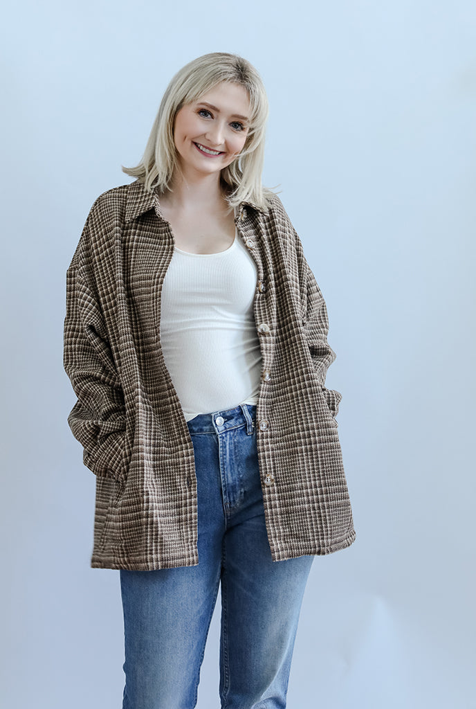 Plaid button down shirt jacket with pockets for women from Favored And Common