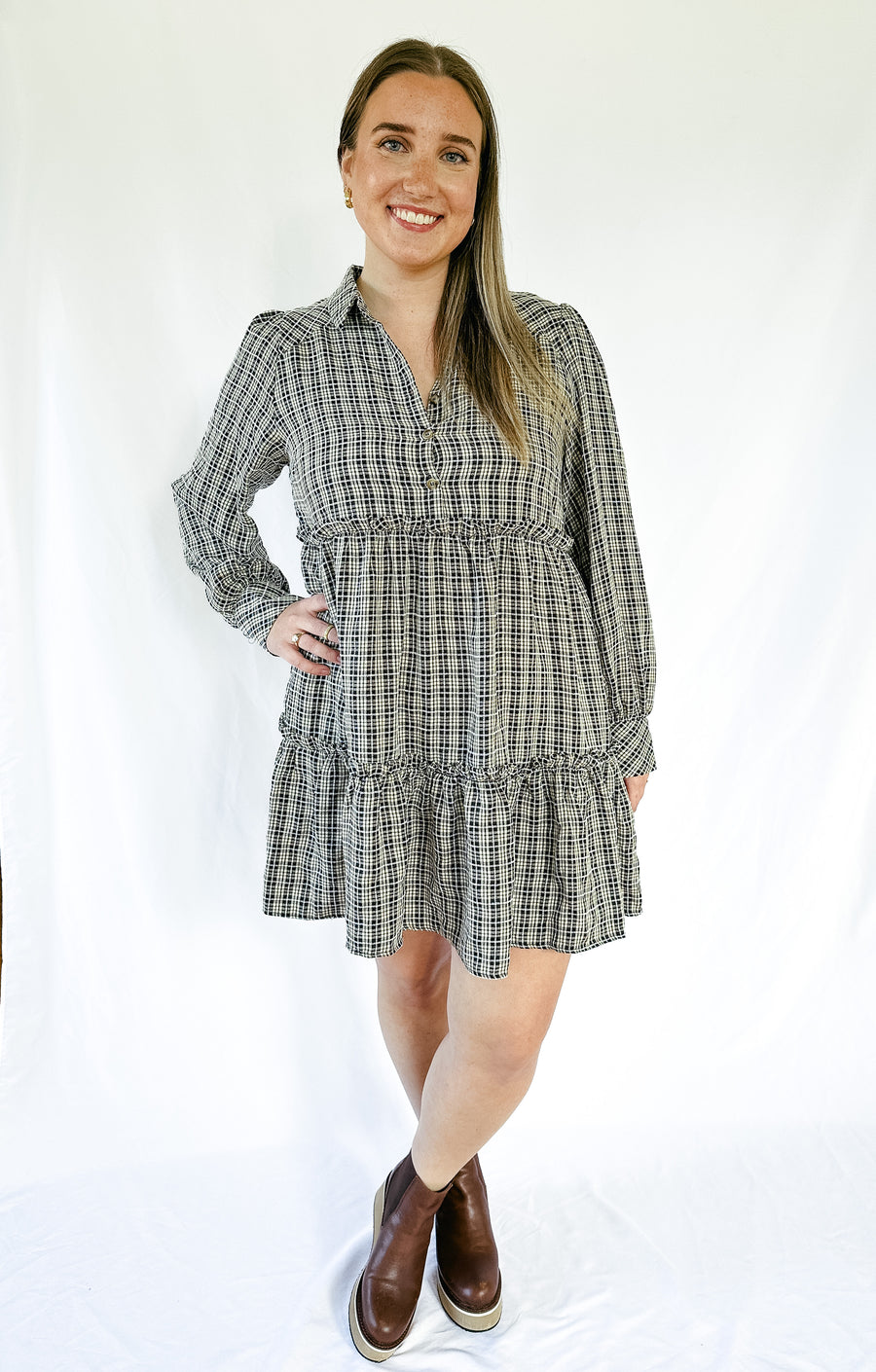 Plaid button up mini dress from Favored And Common