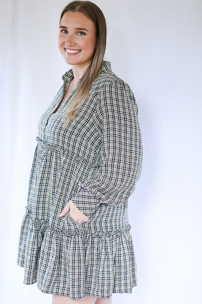 plaid long sleeve mini dress with pockets from Favored And Common