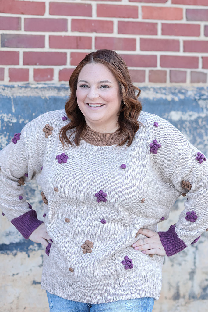 Purple and brown flower knit sweater for women from Favored And Common in NC