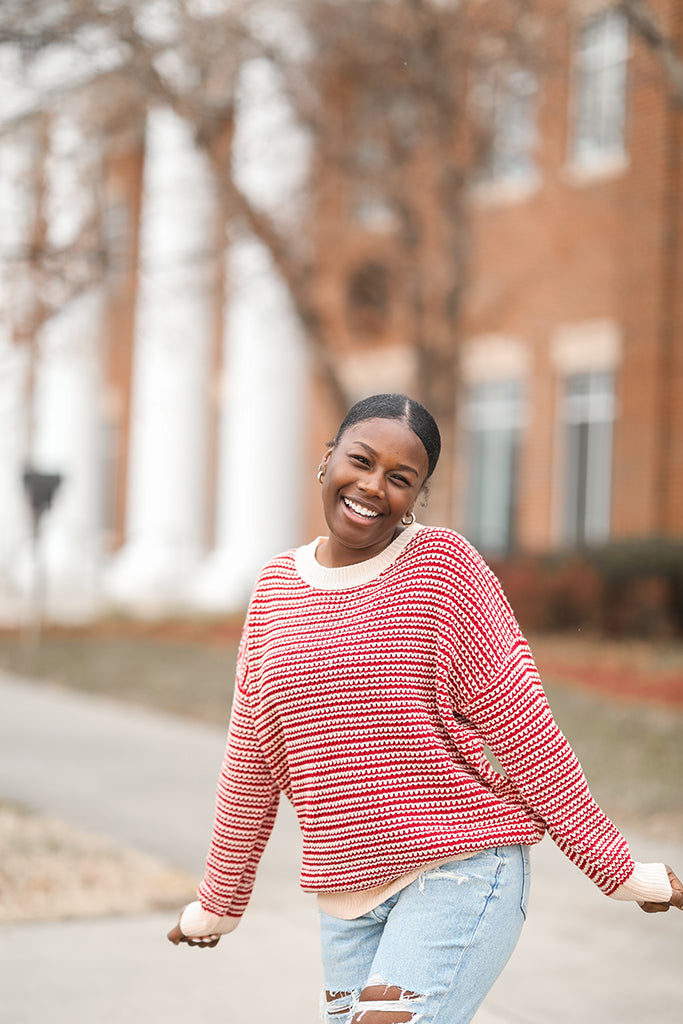 Red and light pink knit sweater for women from Favored And Common