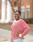 Red and light pink striped knit sweater for women from Favored and Common in NC