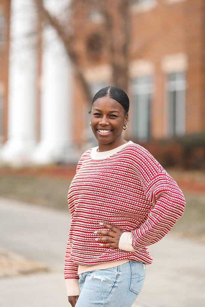 Red and light pink striped knit sweater for women from Favored and Common in NC