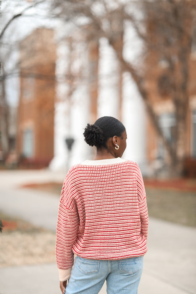 Red and light pink striped crew neck sweater for women from Favored And Common