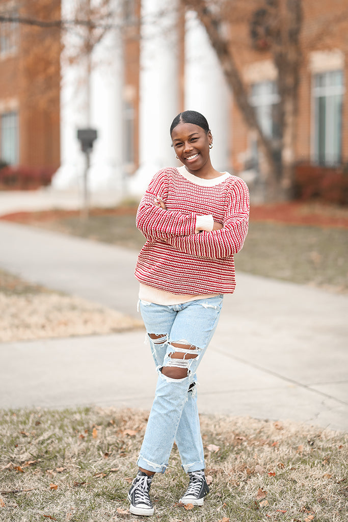 Red striped knit sweater for women from Favored And Common