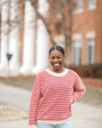 Red striped crew neck sweater for women from Favored And Common in NC