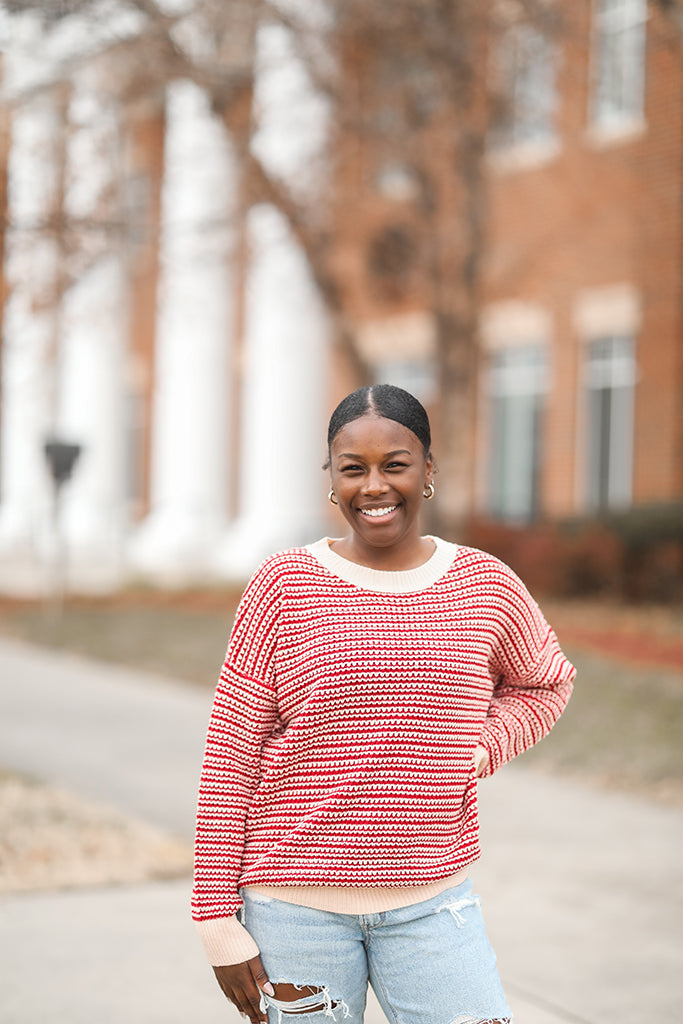 Red striped crew neck sweater for women from Favored And Common in NC