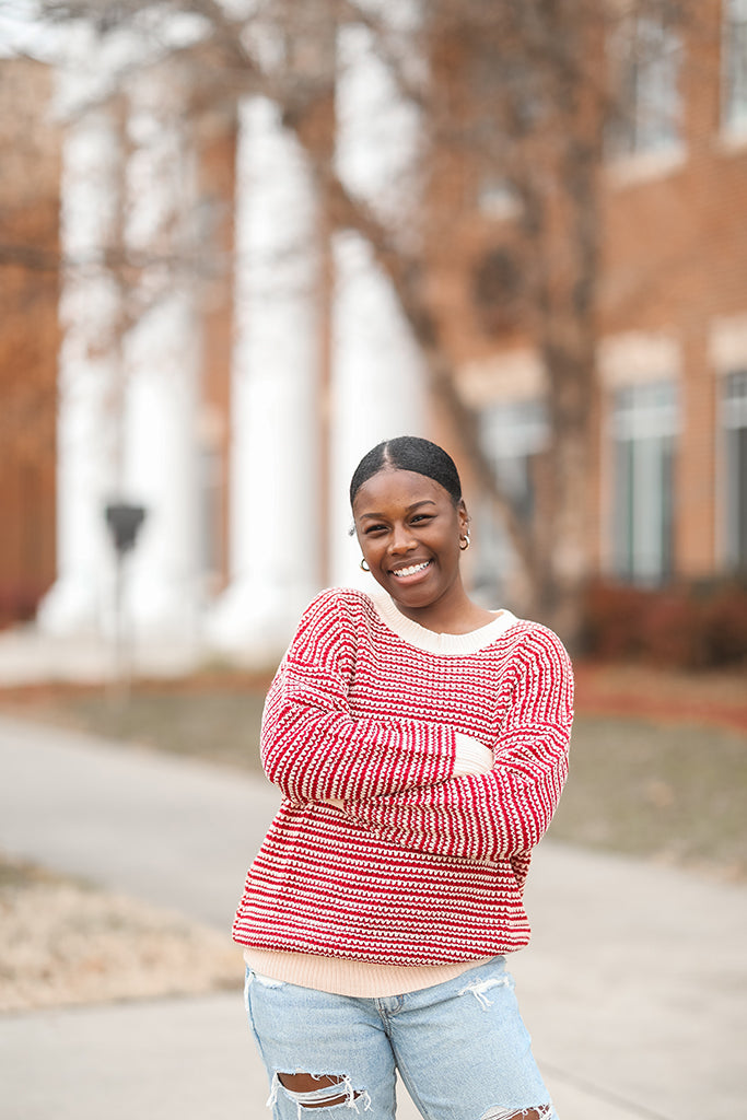 Red striped crew neck sweater for women from Favored And Common in NC