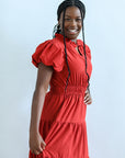 Rust colored maxi dress with cinch waist from Favored and Common