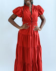 Rust maxi dress with puff sleeves and v-neck from Favored and Common