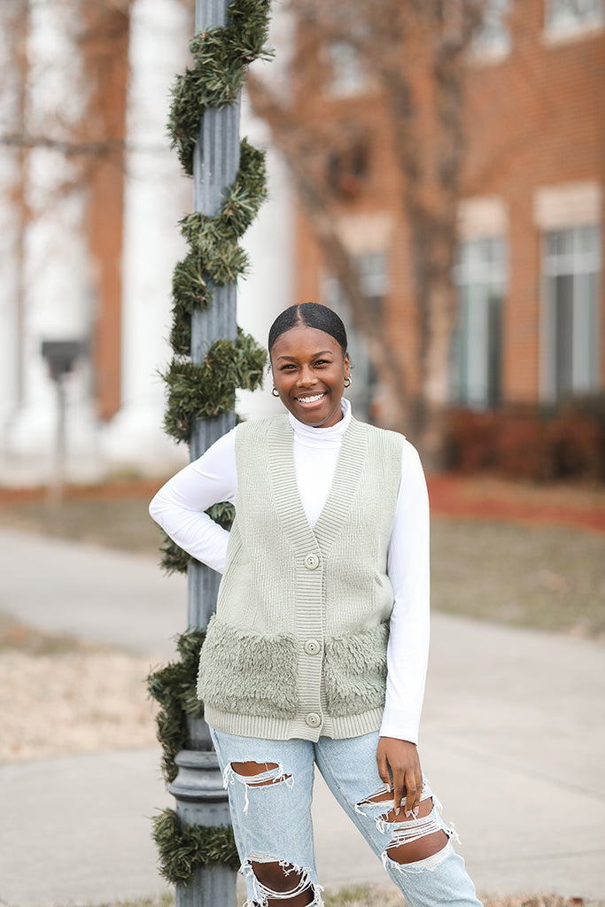 Sage green sweater vest for women from Favored and Common in NC