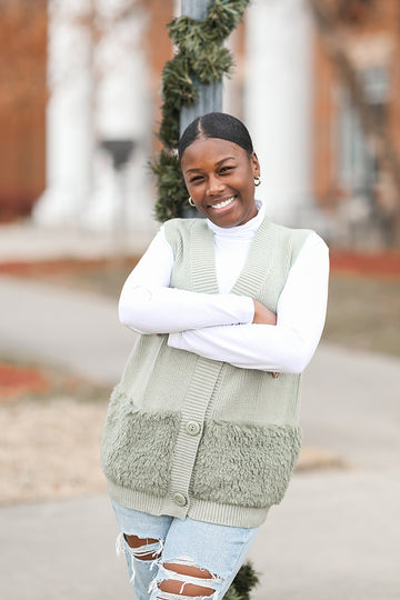 Sage green sweater vest with deep v neck for women from Favored and Common