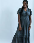 Satin midi dress with ruffled hem for women from Favored and Common in NC