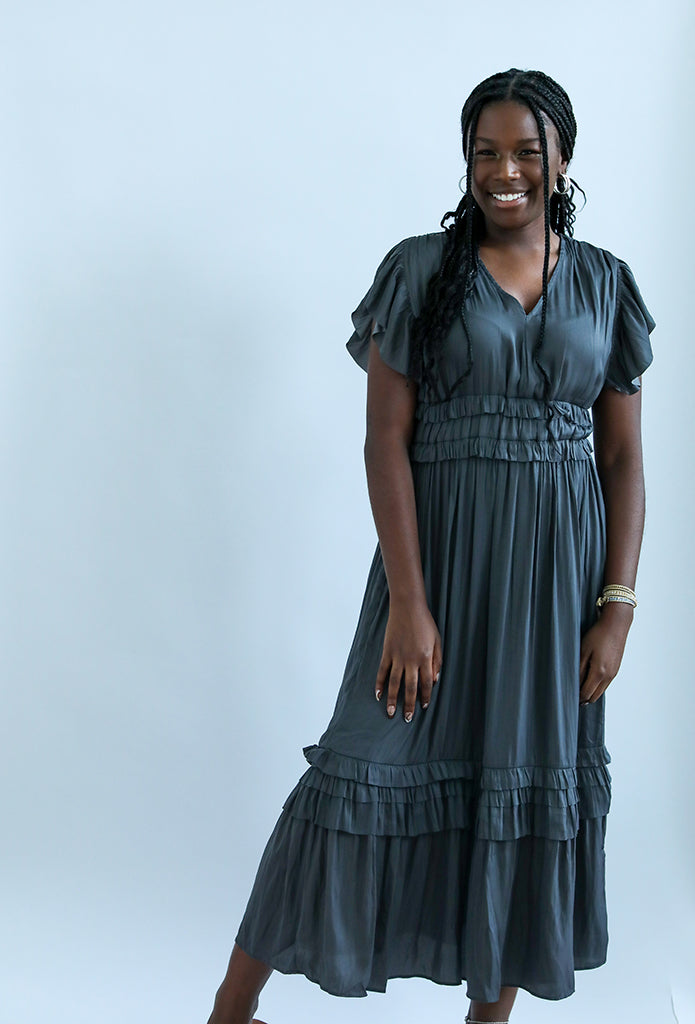 Satin midi dress with ruffled hem for women from Favored and Common in NC