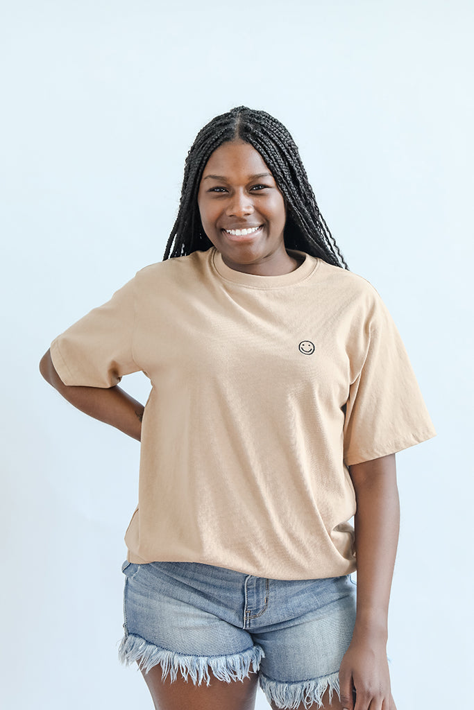 Smiley embroidered tshirt for women from Favored And Common in NC