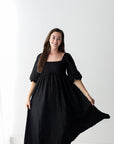 Square neck black maxi dress with peasant sleeves from Favored And Common in NC