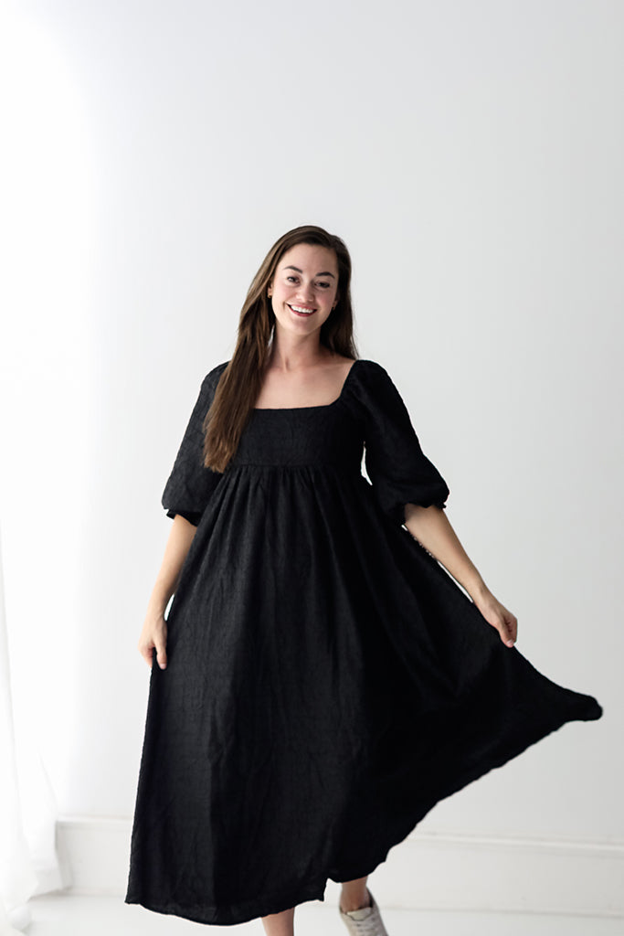 Square neck black maxi dress with peasant sleeves from Favored And Common in NC