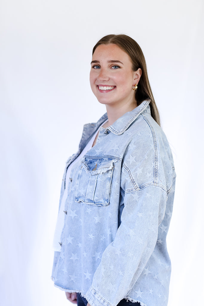 Star print denim jacket with front pockets from Favored and Common