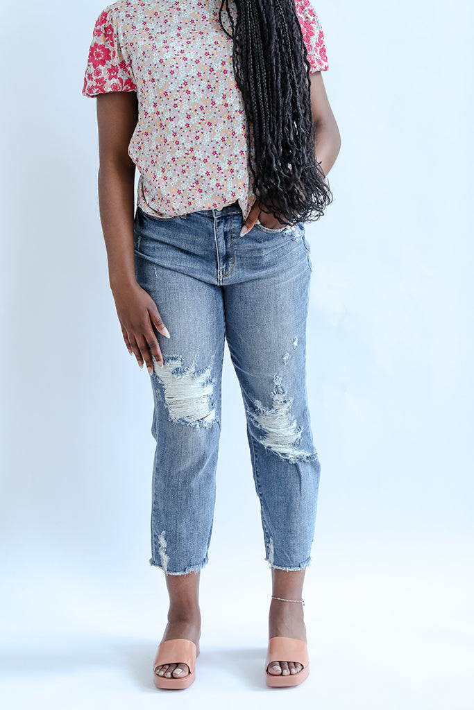 Stretchy high waist straight leg cropped jeans from Favored And Common