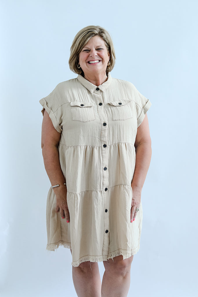 Tan button up dress with collar for women from Favored And Common