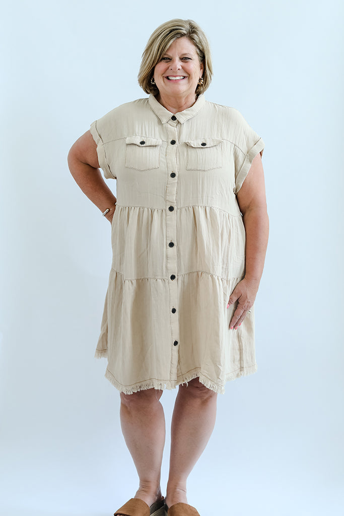 Tan collared button up dress for women from Favored And Common