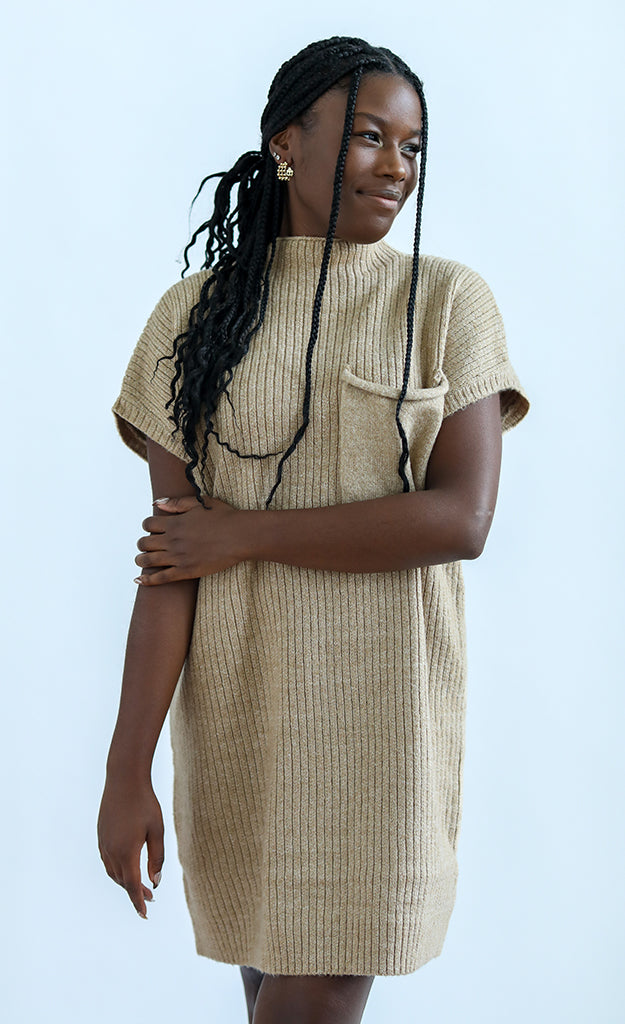 Tan Sweater Dress with short sleeves from Favored and Common in NC