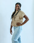 Tan sweater tunic with front pocket and short sleeves from Favored and Common in NC