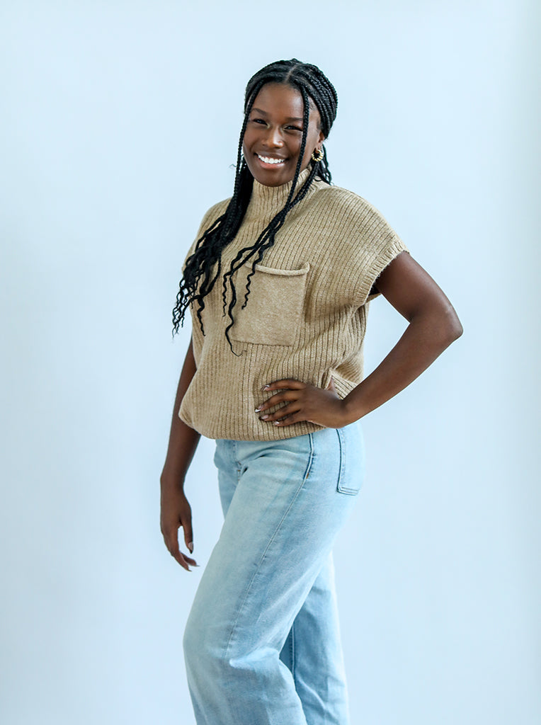 Tan sweater tunic with front pocket and short sleeves from Favored and Common in NC