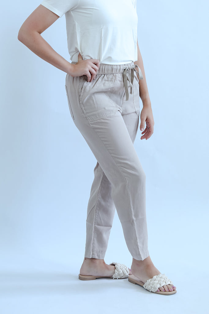 Tan tencel pants with drawstring for women from Favored and Common in NC